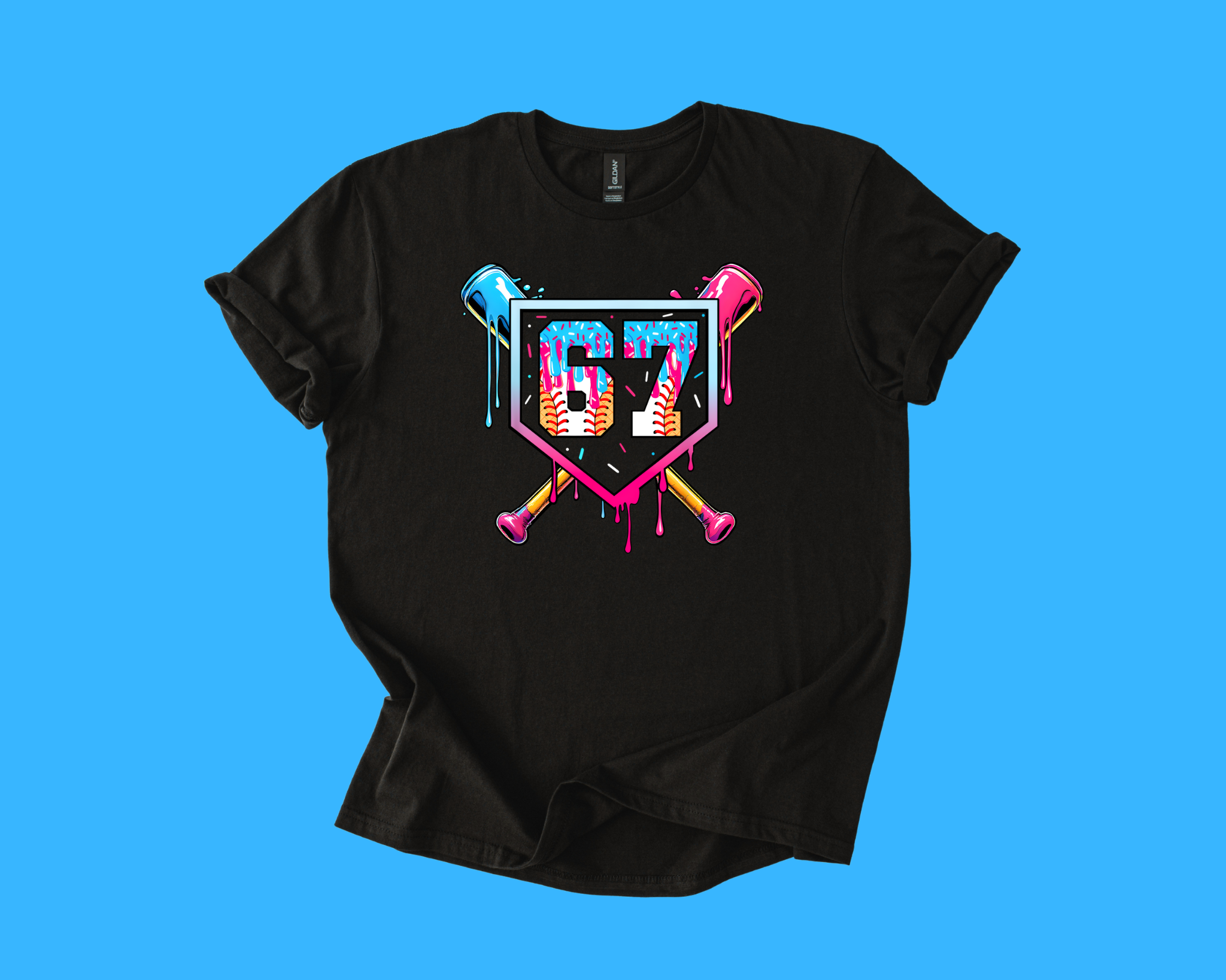 67 Neon Ice Cream Drip Baseball Tee – Vibrant Street-Style Sports Design