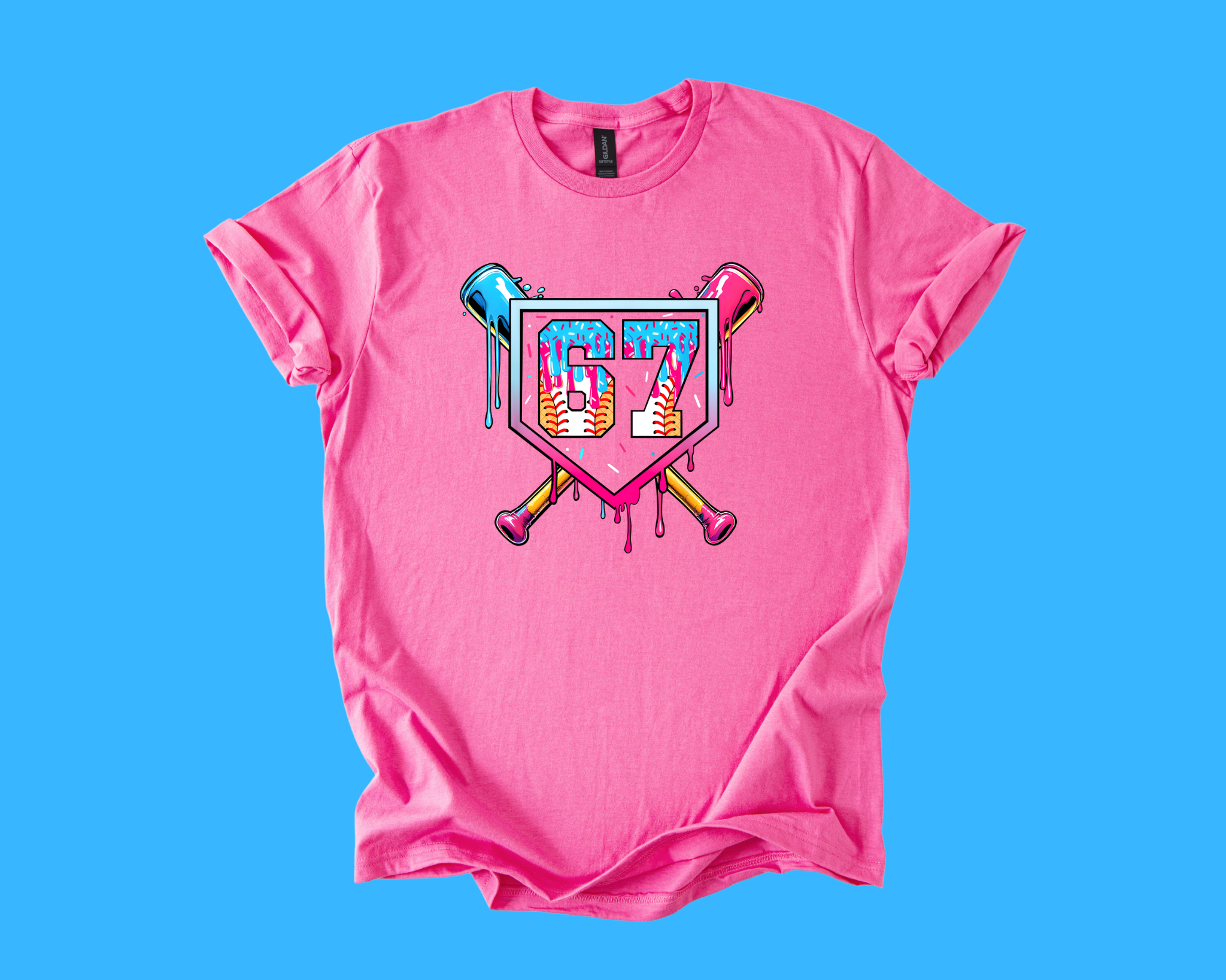67 Neon Ice Cream Drip Baseball Tee – Vibrant Street-Style Sports Design