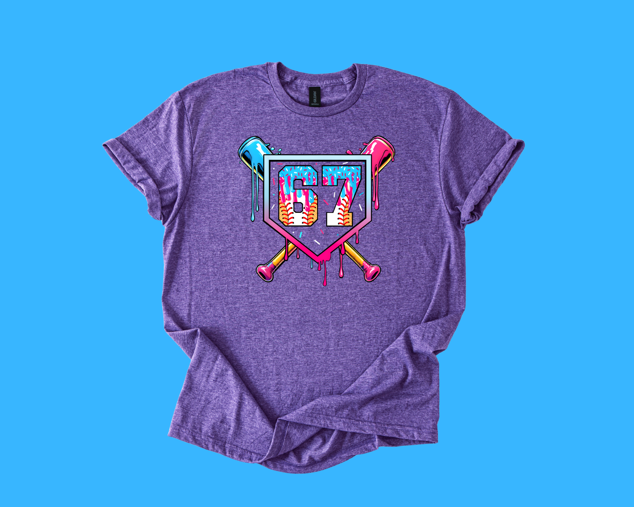 67 Neon Ice Cream Drip Baseball Tee – Vibrant Street-Style Sports Design