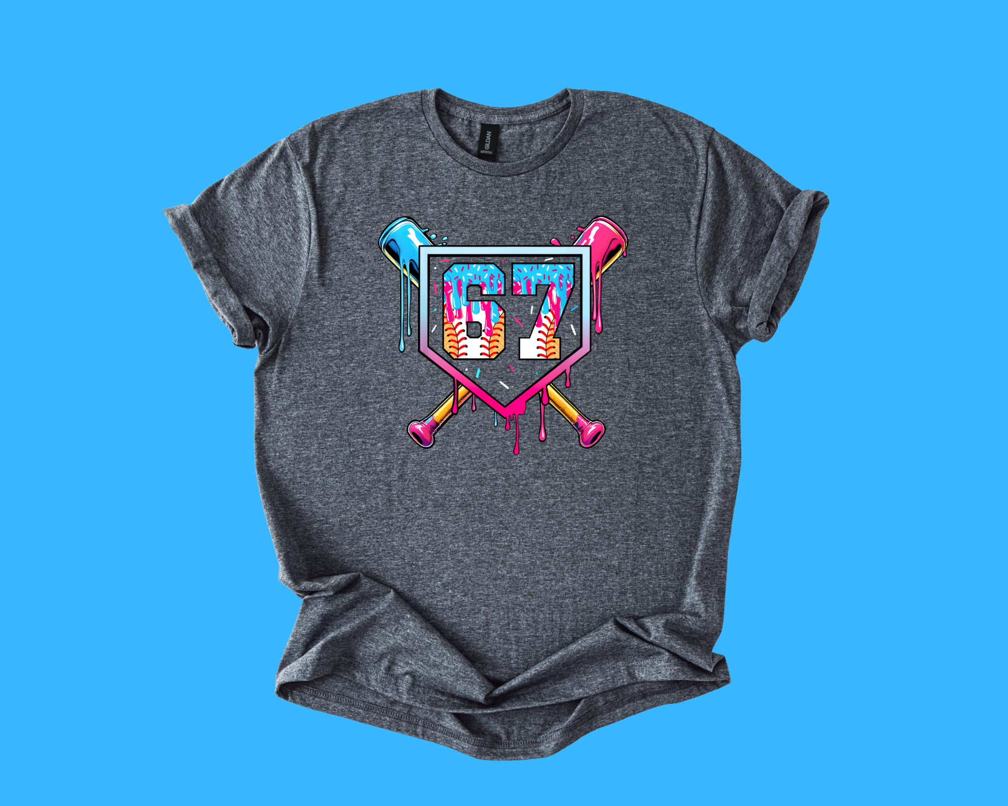 67 Neon Ice Cream Drip Baseball Tee – Vibrant Street-Style Sports Design