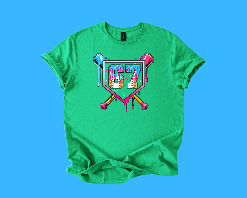 67 Neon Ice Cream Drip Baseball Tee – Vibrant Street-Style Sports Design