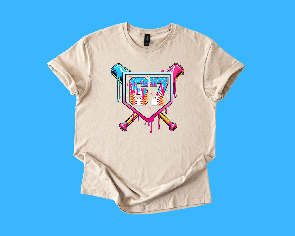 67 Neon Ice Cream Drip Baseball Tee – Vibrant Street-Style Sports Design