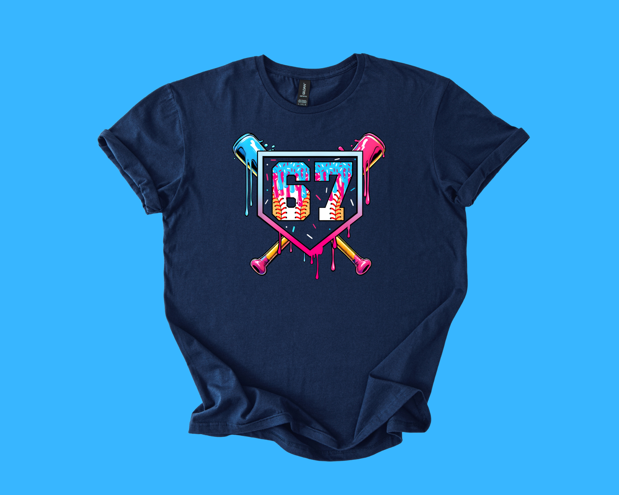 67 Neon Ice Cream Drip Baseball Tee – Vibrant Street-Style Sports Design
