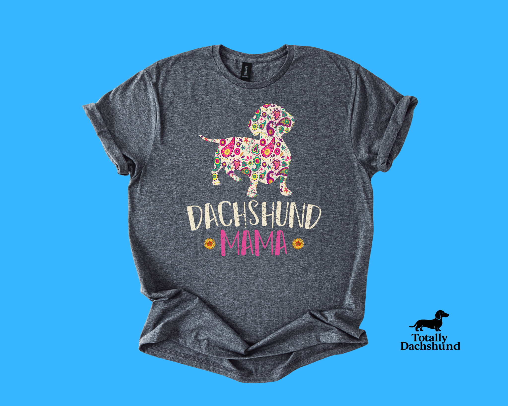 Colorful paisley dachshund silhouette with text “Dachshund Mama” and sunflowers – gray dog lover shirt