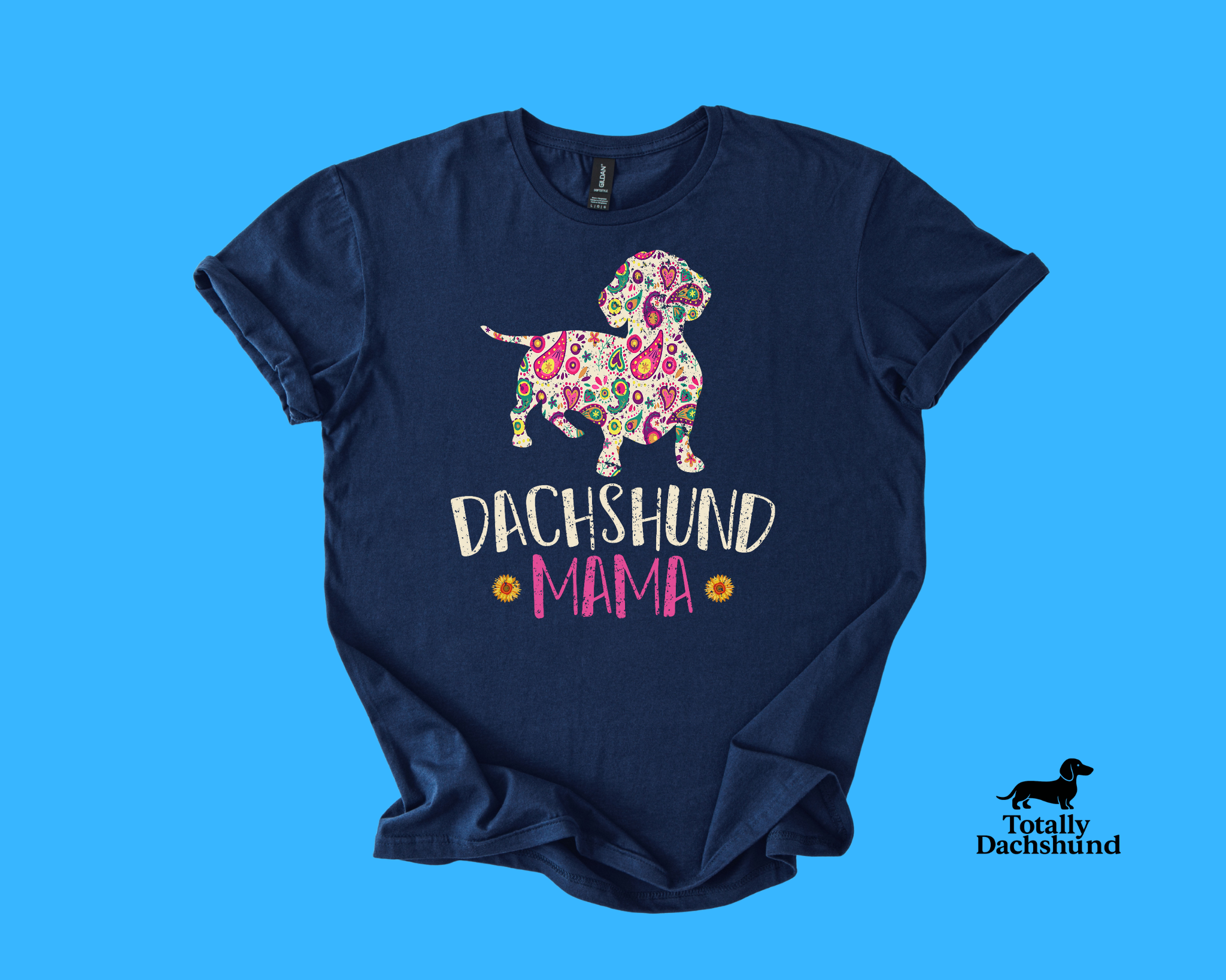 Colorful paisley dachshund silhouette with text “Dachshund Mama” and sunflowers – navy dog lover shirt
