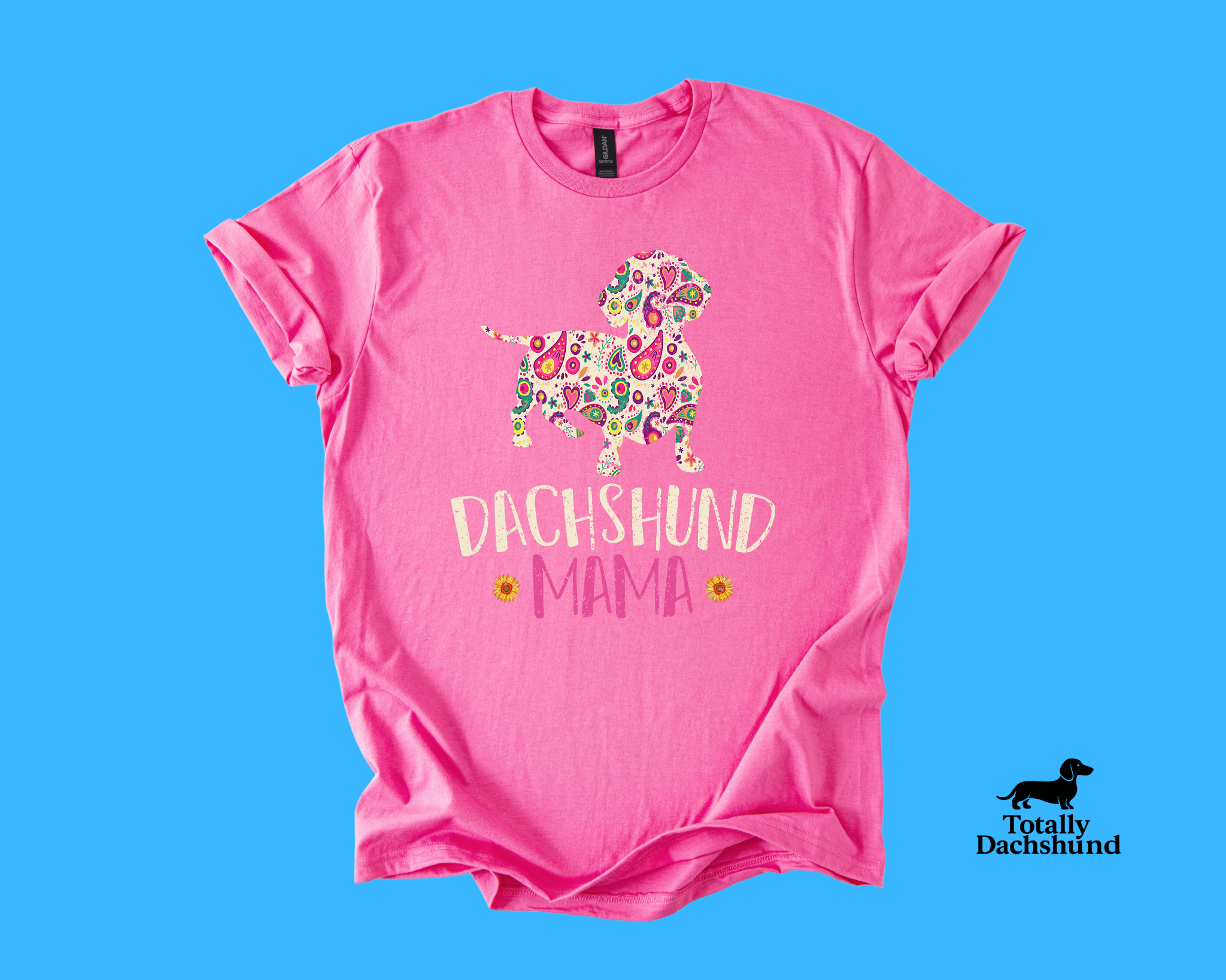 Colorful paisley dachshund silhouette with text “Dachshund Mama” and sunflowers – pink dog lover shirt