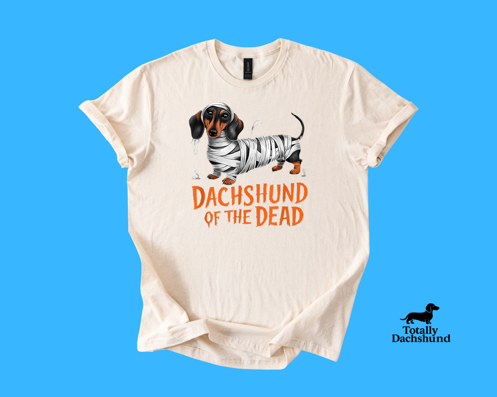 white tee with mummy dachshund design